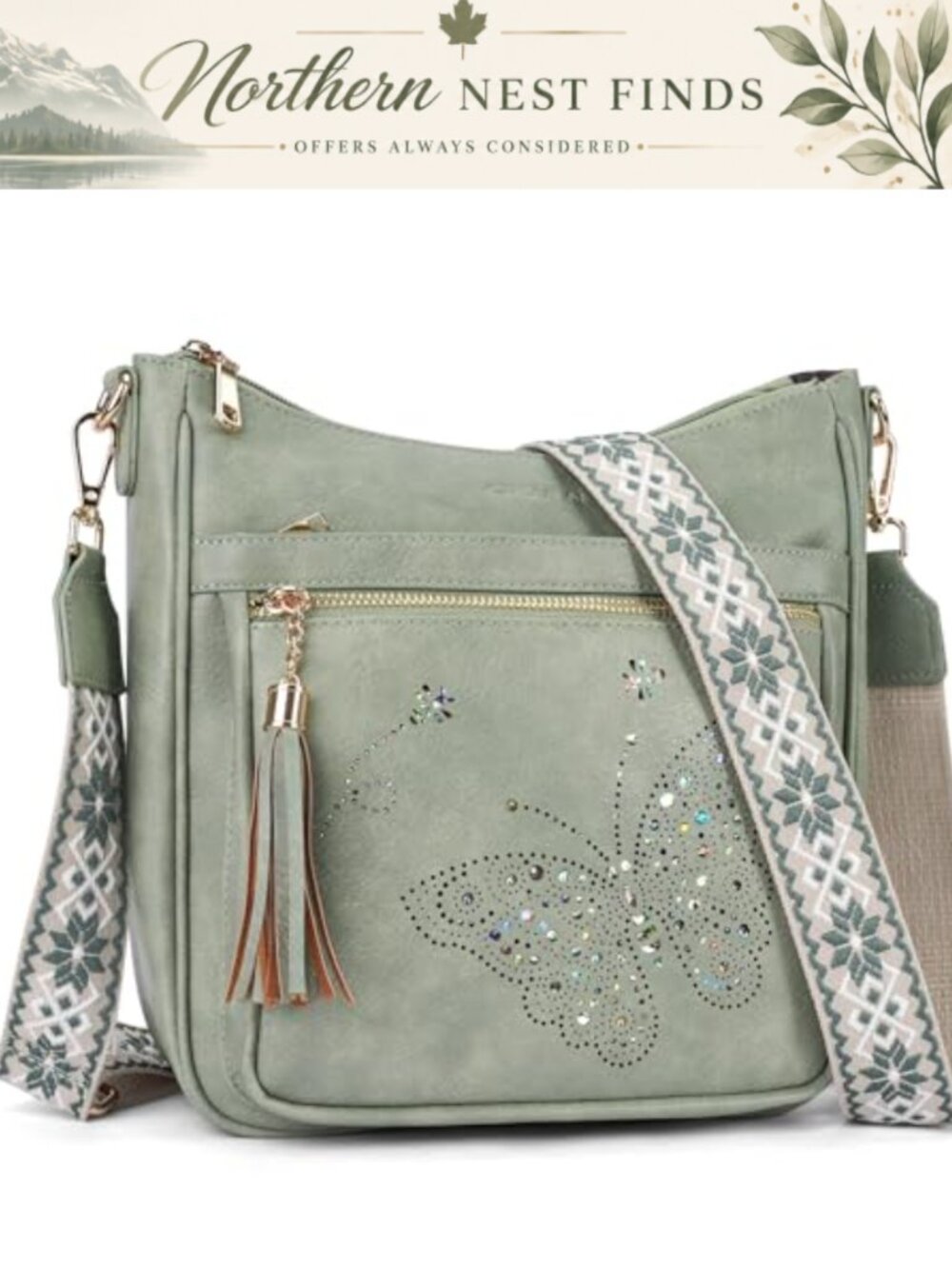 Vegan PU Leather Medium Crossbody Bag Butterfly Shoulder Purse Tassel